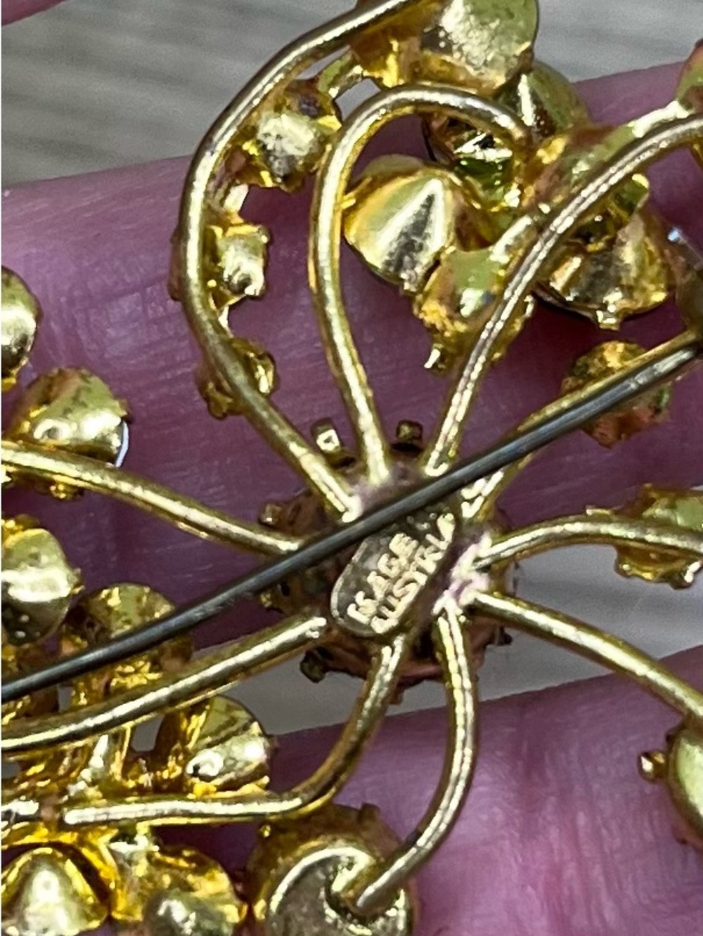 Made in Austria gold tone faux topaz citrine watermelon glass rhinestones brooch - Picture 2 of 5